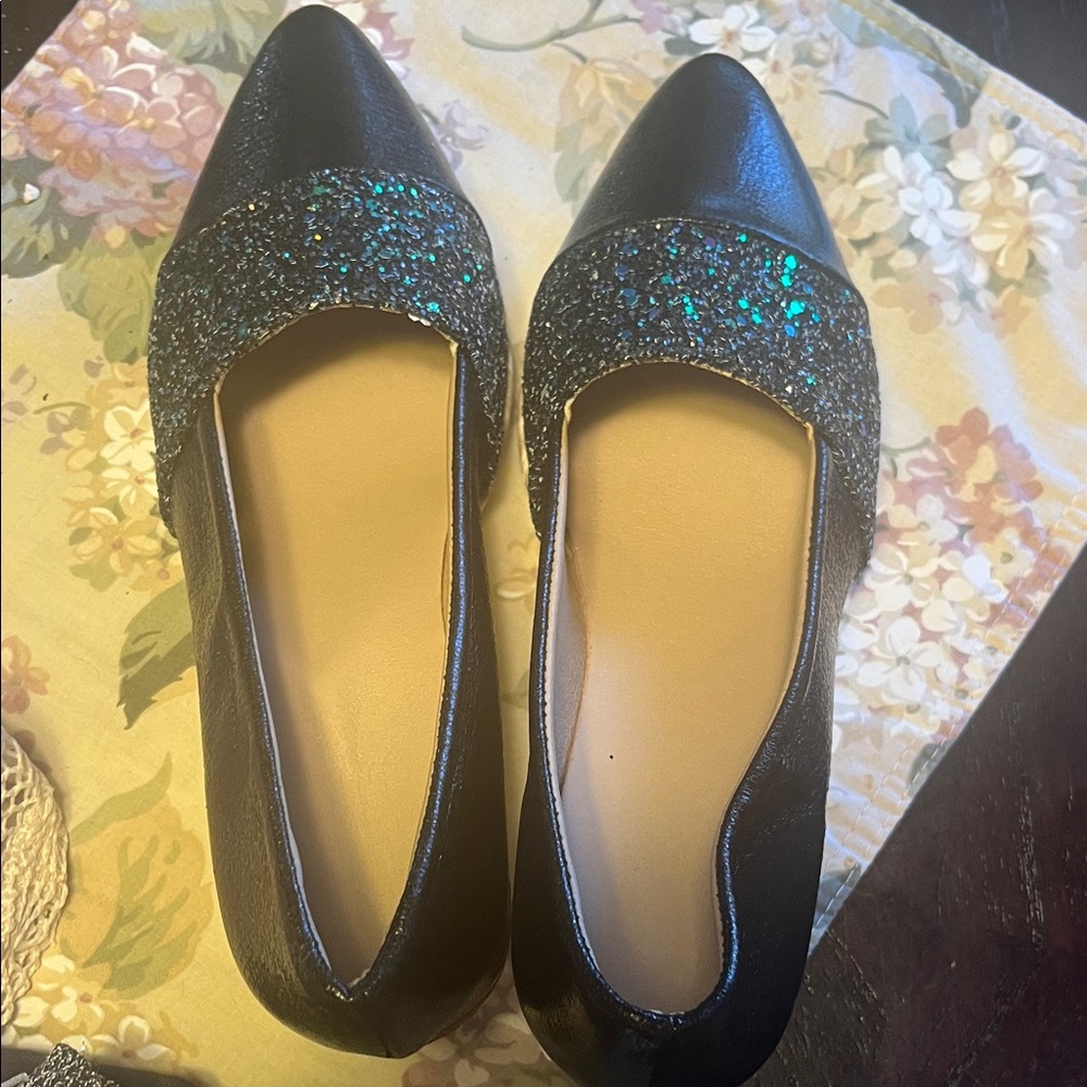 Black Glitter Pointed Toe Flats by